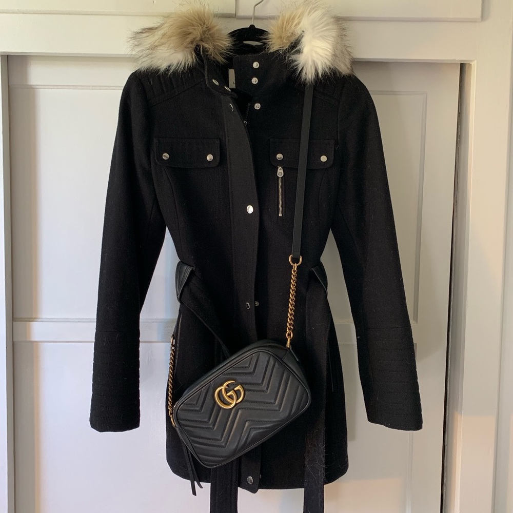 Belted Wool with Faux Fur Hood Coat